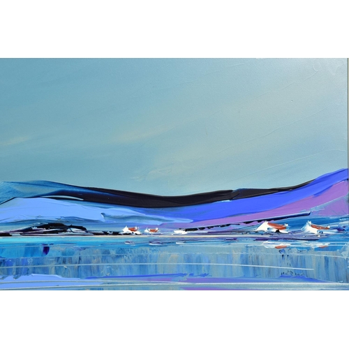 295 - DUNCAN MACGREGOR DMAC (BRITISH 1961) 'MOUNTAIN REFLECTIONS' a blue toned landscape, signed bottom le... 