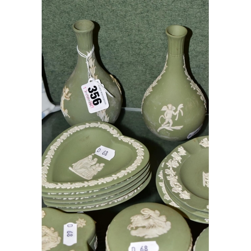 356 - A GROUP OF WEDGWOOD JASPERWARES, mostly green, comprising two green bud vases, an urn shaped vase, f... 