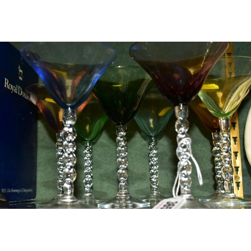 365 - A SET OF EIGHT HARLEQUIN COCKTAIL GLASSES, with clear glass barley twist stems, height 15cm (conditi... 