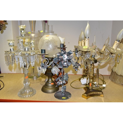 387 - A GROUP OF ELEVEN ASSORTED FLOOR VASES, TABLE LAMPS, OIL LAMP, etc, comprising a modern three branch... 