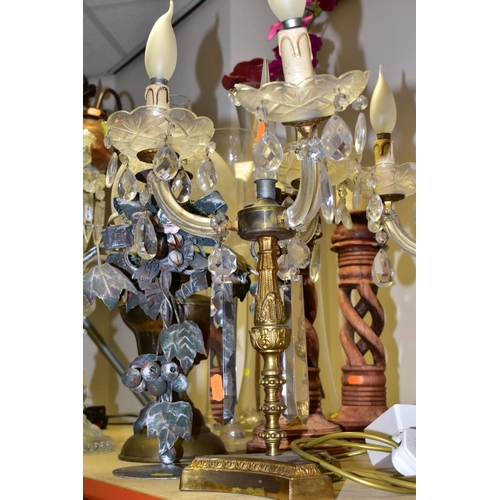 387 - A GROUP OF ELEVEN ASSORTED FLOOR VASES, TABLE LAMPS, OIL LAMP, etc, comprising a modern three branch... 