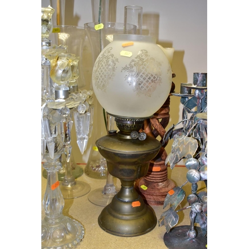 387 - A GROUP OF ELEVEN ASSORTED FLOOR VASES, TABLE LAMPS, OIL LAMP, etc, comprising a modern three branch... 