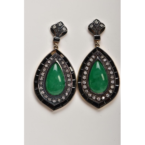 41 - A PAIR OF DROP GEM EARRINGS, each of pear shape outline set with a central pear shape jade cabochon ... 