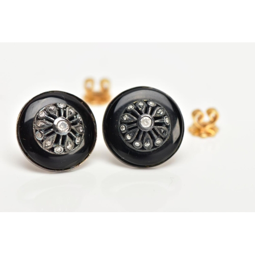 42 - A PAIR OF GEM STUD EARRINGS, of circular outline, the central decorative domed section set with bril... 