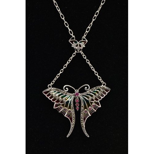 43 - A PLIQUE-A-JOUR GEM BUTTERFLY PENDANT NECKLACE, with ruby detail to the body, red, yellow and green ... 