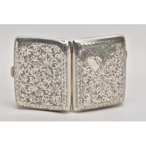 44 - A 1920'S STERLING SILVER CIGARETTE CASE, foliate engraving to both sides with a vacant heart panel t... 