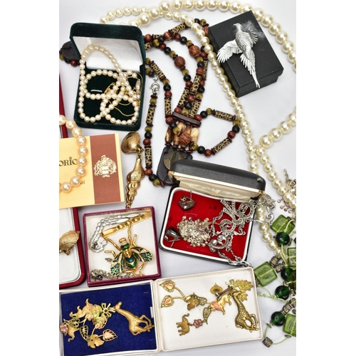46 - A BOX OF ASSORTED COSTUME JEWELLERY, to include a cultured pearl necklace fitted with a white gold f... 