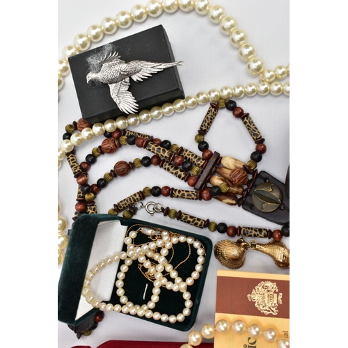 46 - A BOX OF ASSORTED COSTUME JEWELLERY, to include a cultured pearl necklace fitted with a white gold f... 