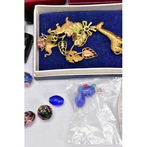 46 - A BOX OF ASSORTED COSTUME JEWELLERY, to include a cultured pearl necklace fitted with a white gold f... 