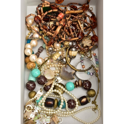 46 - A BOX OF ASSORTED COSTUME JEWELLERY, to include a cultured pearl necklace fitted with a white gold f... 