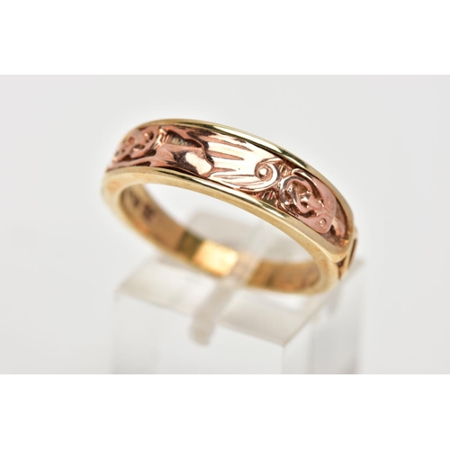 48 - A 9CT GOLD BI-COLOUR CLOGAU RING, the rose gold 'Dragon's Wing' design applied to the tapered yellow... 