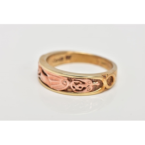 48 - A 9CT GOLD BI-COLOUR CLOGAU RING, the rose gold 'Dragon's Wing' design applied to the tapered yellow... 