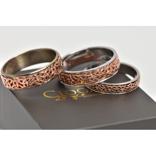 53 - THREE SILVER CLOGAU RINGS, the 'Celtic Eternity' wedding bands designed as silver band rings with ap... 