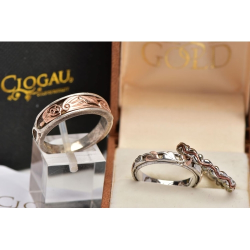 54 - THREE SILVER CLOGAU RINGS, the first a tapered silver band with applied 'Dragon Wing' rose gold desi... 
