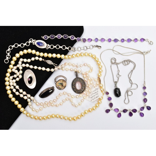 59 - A SELECTION OF GEM JEWELLERY, to include two single strand uniform cultured pearl necklaces, one cla... 
