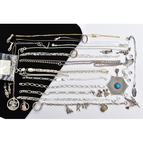 61 - A SELECTION OF SILVER AND WHITE METAL JEWELLERY, to include rings, pendants, bracelets, necklaces, b... 