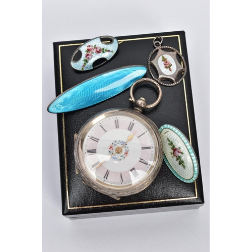 63 - FIVE ITEMS OF JEWELLERY, to include an early 20th century silver pocket watch, with Roman numerals a... 