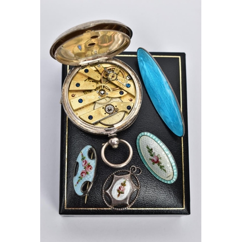 63 - FIVE ITEMS OF JEWELLERY, to include an early 20th century silver pocket watch, with Roman numerals a... 