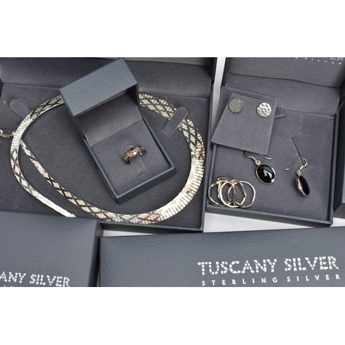 65 - NINE ITEMS OF 'TUSCANY SILVER' JEWELLERY, to include a bracelet, two rings, three pairs of earrings ... 
