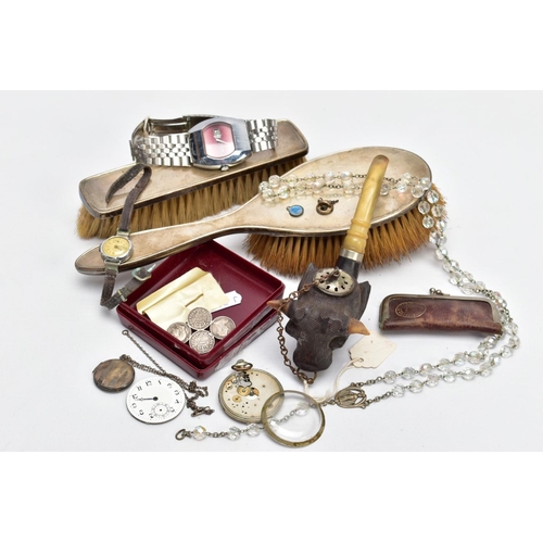 67 - A BOX OF SILVER AND OTHER ITEMS, to include 2 silver handled brushes, of plain design, weighted hand... 