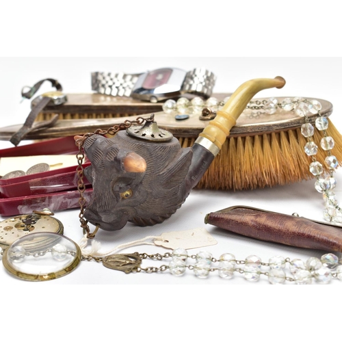67 - A BOX OF SILVER AND OTHER ITEMS, to include 2 silver handled brushes, of plain design, weighted hand... 