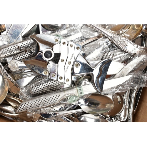 68 - A BOX OF CUTLERY, to include knives, forks, spoons, ladles, cheese knives, cake slice, mainly stainl... 