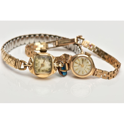 71 - TWO LADIES WRISTWATCHES, featuring a 9ct gold hand wound Rotary watch, silvered dial with gold baton... 