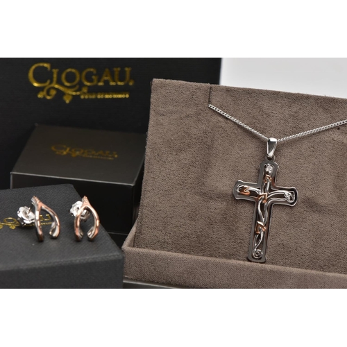 72 - A SILVER CLOGAU PENDANT AND EARRINGS, the 'Tree of Life' cross pendant with rose gold leaf detail, s... 