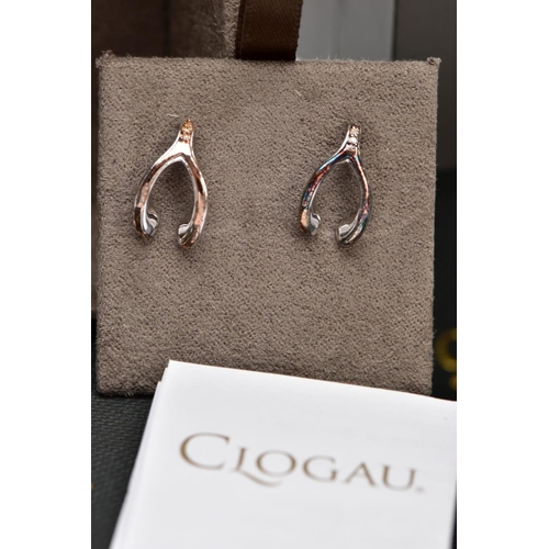 73 - FOUR PAIR OF SILVER CLOGAU EARRINGS, to include a pair of 'Wishbone' earrings, each set with two bri... 