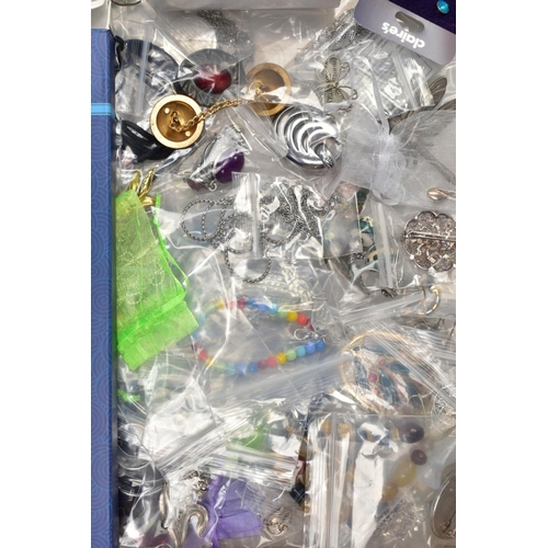83 - A BOX OF COSTUME JEWELLERY, to include two enamel brooches by Fish, a hinged bangle, various brooche... 