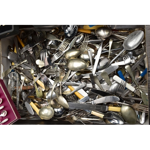 85 - TWO LARGE BOXES OF STAINLESS STEEL AND SILVER-PLATED CUTLERY, all of various designs mixed, some kni... 