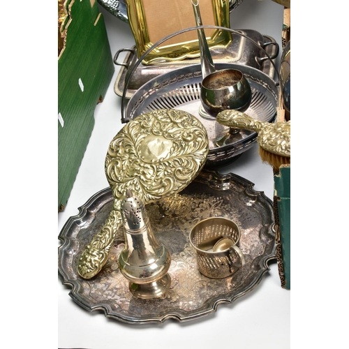 86 - A BOX OF SILVER PLATED SERVING TRAYS, AND HOLLOWARES, to include teapots, sugar bowls and creamers e... 