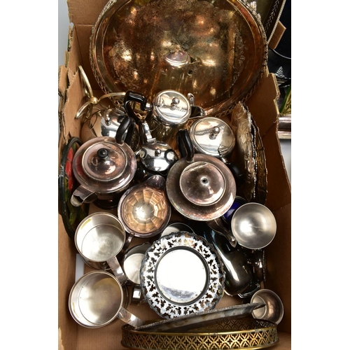 86 - A BOX OF SILVER PLATED SERVING TRAYS, AND HOLLOWARES, to include teapots, sugar bowls and creamers e... 