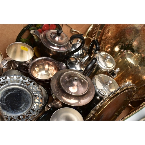 86 - A BOX OF SILVER PLATED SERVING TRAYS, AND HOLLOWARES, to include teapots, sugar bowls and creamers e... 