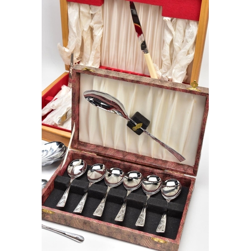 87 - TWO CASED SETS OF PLATED CUTLERY, A CASED SPOON SET, LOOSE SPOONS, A CARVING SET AND SALAD UTENSILS,... 