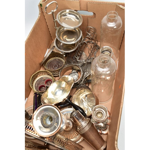 88 - A LARGE BOX OF SILVER PLATED METALWARE, to include a pair of candlesticks, weighted stepped bases, s... 