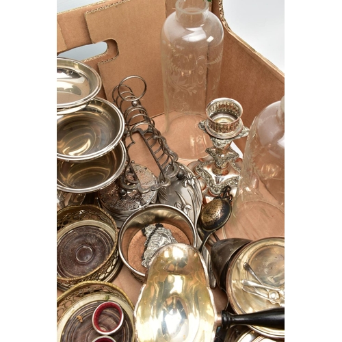 88 - A LARGE BOX OF SILVER PLATED METALWARE, to include a pair of candlesticks, weighted stepped bases, s... 