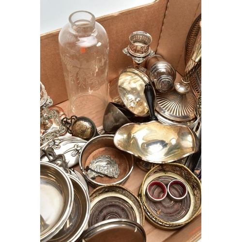 88 - A LARGE BOX OF SILVER PLATED METALWARE, to include a pair of candlesticks, weighted stepped bases, s... 