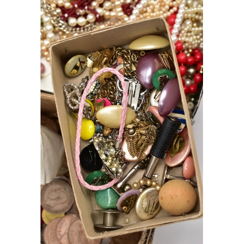 93 - A SELECTION OF COSTUME JEWELLERY AND A BOX OF COINS, to include a number of gold plated clip on earr... 