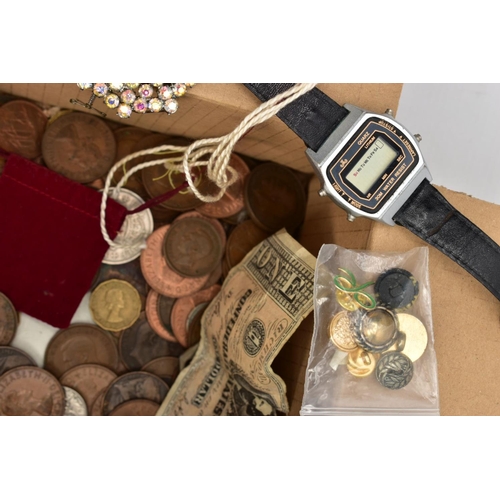 93 - A SELECTION OF COSTUME JEWELLERY AND A BOX OF COINS, to include a number of gold plated clip on earr... 