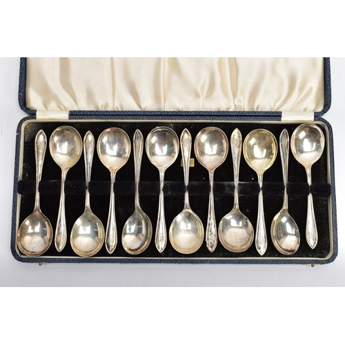 94 - A CASED COMPLETE SET OF TWELVE FRUIT SPOONS, with a tapered treaded point to the handle, engraved 'A... 