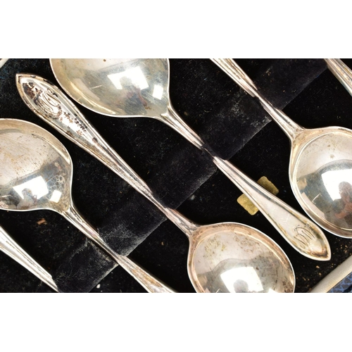 94 - A CASED COMPLETE SET OF TWELVE FRUIT SPOONS, with a tapered treaded point to the handle, engraved 'A... 