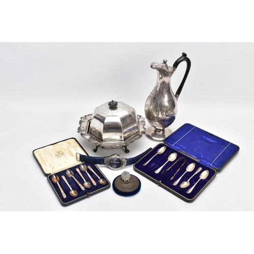 95 - A BOX OF SILVER AND PLATED ITEMS, to include a complete cased set of six Mappin and Webb coffee spoo... 