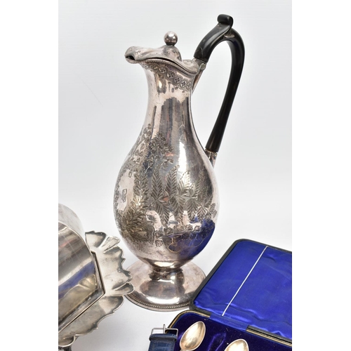 95 - A BOX OF SILVER AND PLATED ITEMS, to include a complete cased set of six Mappin and Webb coffee spoo... 