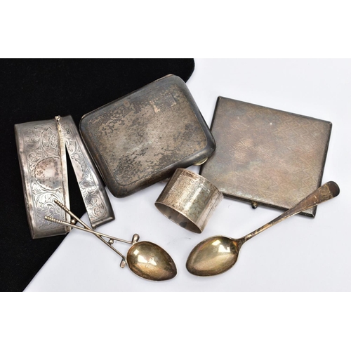 97 - A BOX OF SILVER CARD CASES, A NAPKIN RING AND TEASPOONS ETC, to include a rectangular engine turned ... 