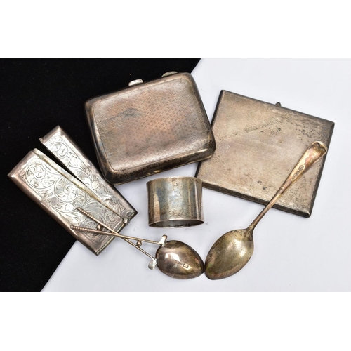 97 - A BOX OF SILVER CARD CASES, A NAPKIN RING AND TEASPOONS ETC, to include a rectangular engine turned ... 