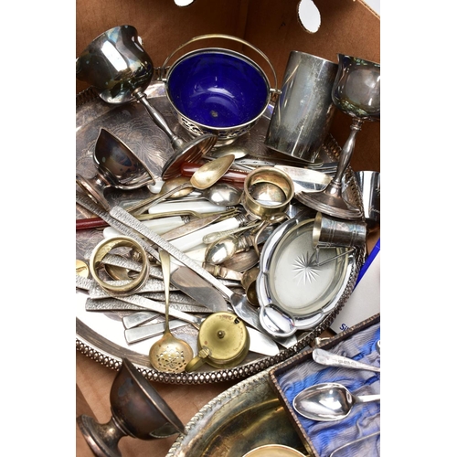 98 - A LARGE BOX OF METALWARE, to include a Mappin and Webb E.P.B.M. beaker with a vacant cartouche and f... 