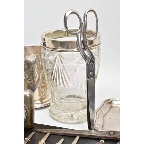 99 - A 1920'S SILVER RIMMED VASE AND OTHER SILVER-PLATED ITEMS, the glass vase hallmarked London 1926 to ... 