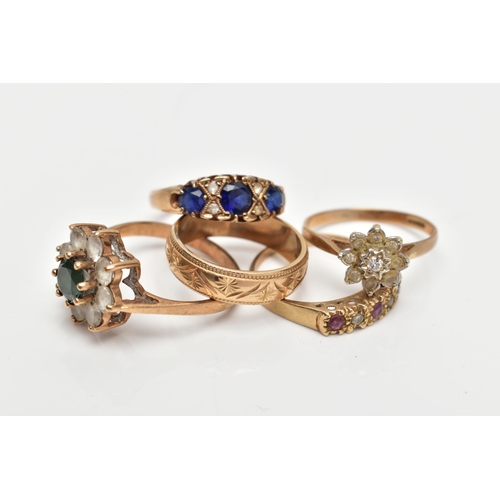 165 - FIVE DRESS RINGS to include, a hallmarked 9ct gold ruby and diamond half eternity ring, ring size L,... 