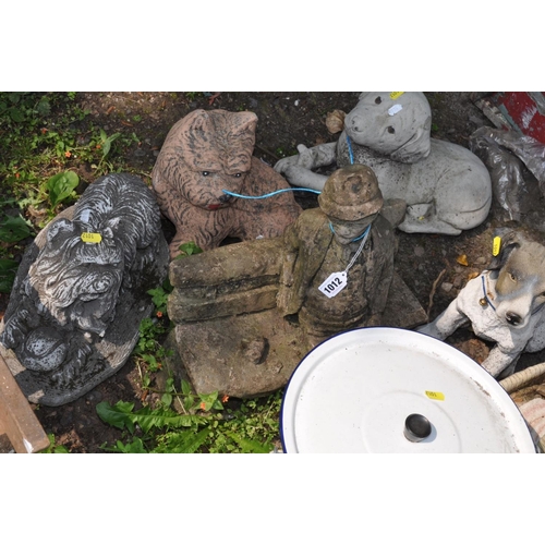 1012 - SEVEN SMALL GARDEN FIGURES AND A ENAMEL LIDDED BUCKET including a composite elderly gent on a bench,... 